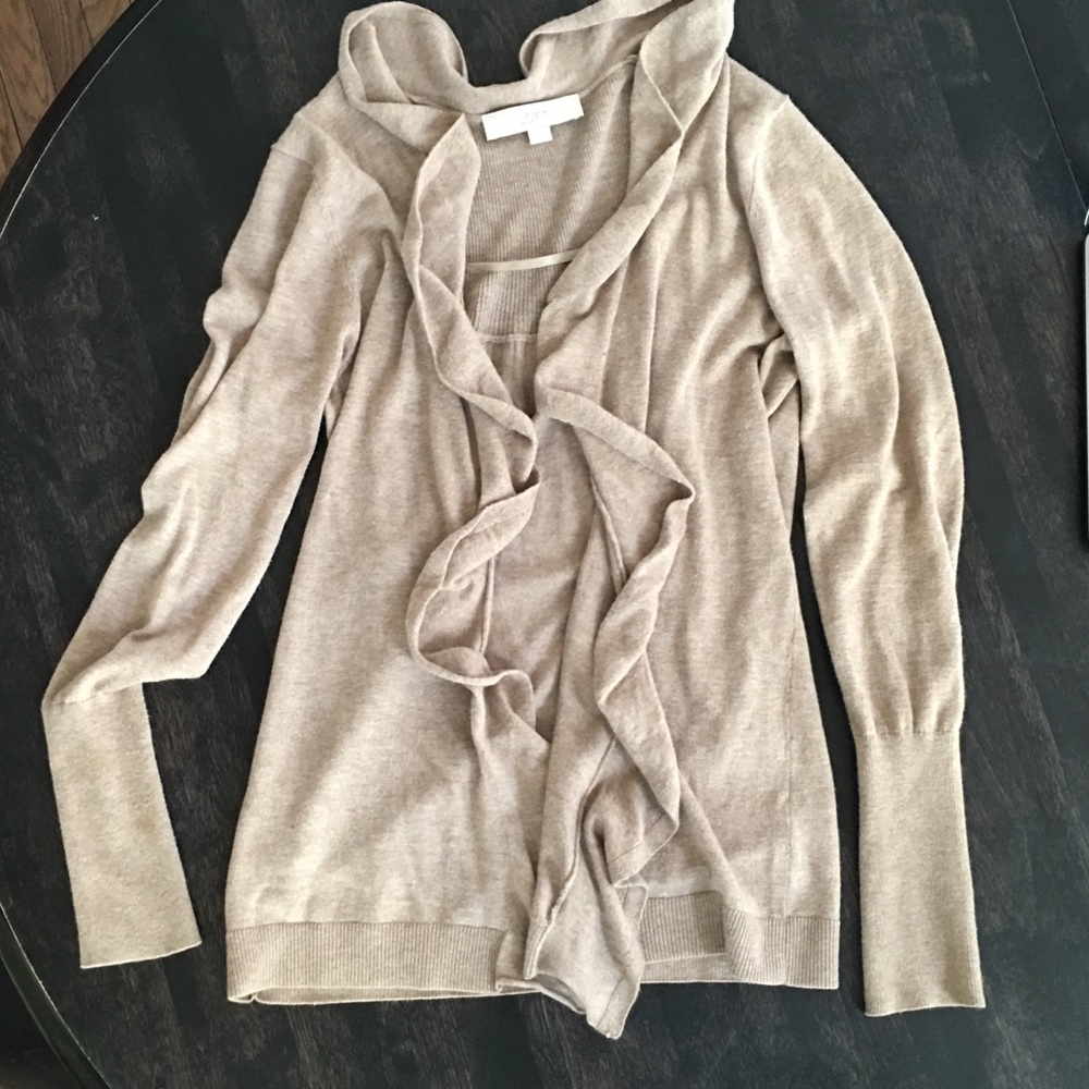 Loft Cardigan Sweater Oatmeal ruffle details